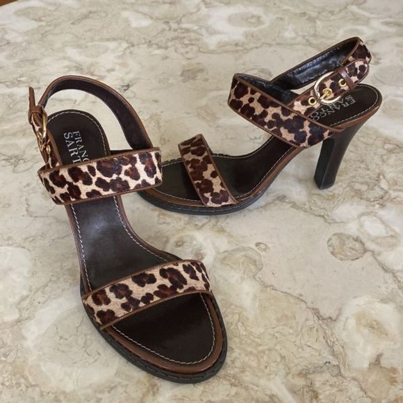 Franco Sarto?Cheetah Leopard Print Pony Hair Strappy  Heeled Sandals - Picture 1 of 8